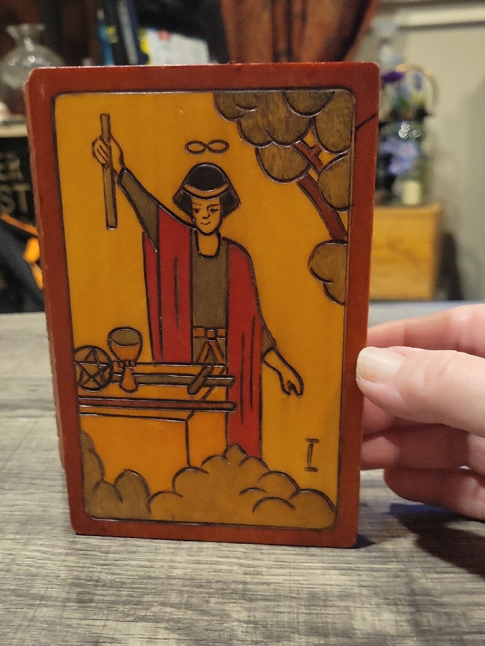Tarot Card Box! Magician,hand Carved In Poland,great Working Cond.